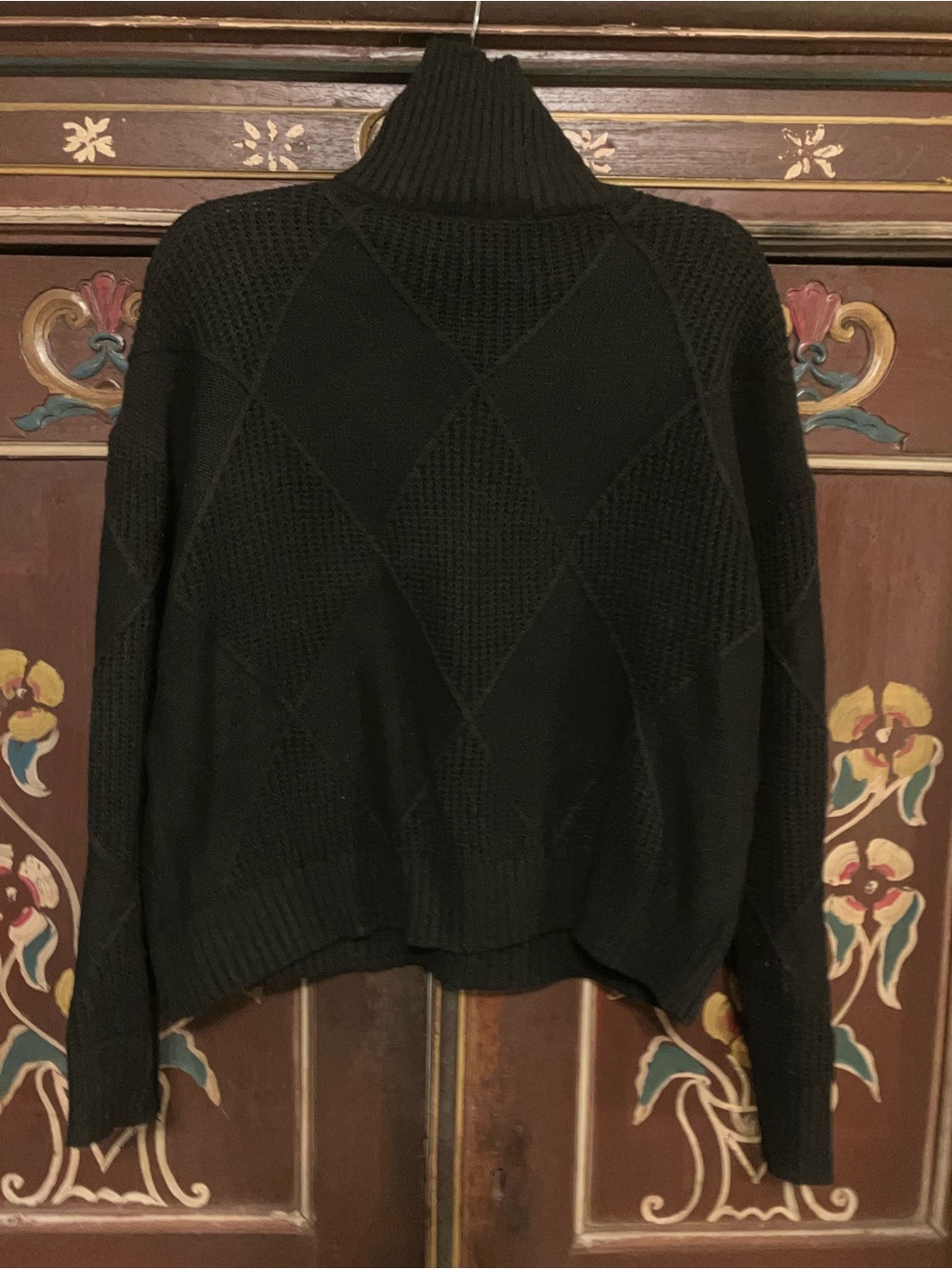 Black Diamond-Knit Turtleneck Sweater for Women